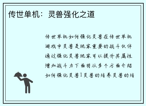 传世单机：灵兽强化之道
