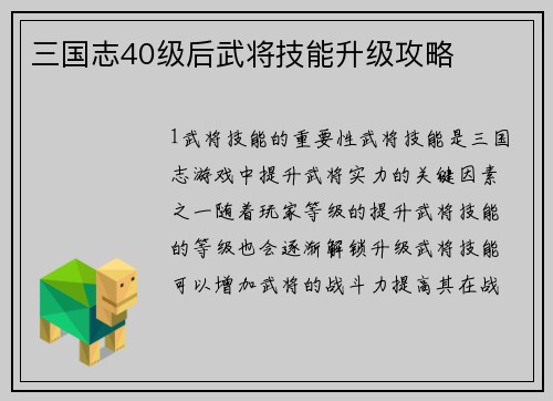 三国志40级后武将技能升级攻略