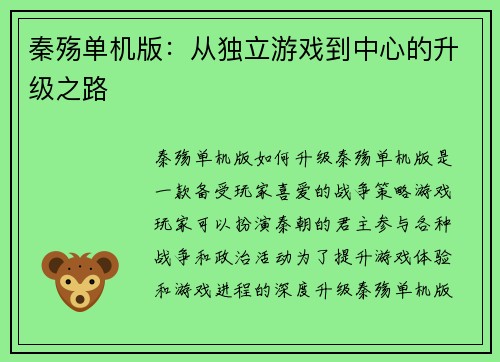 秦殇单机版：从独立游戏到中心的升级之路
