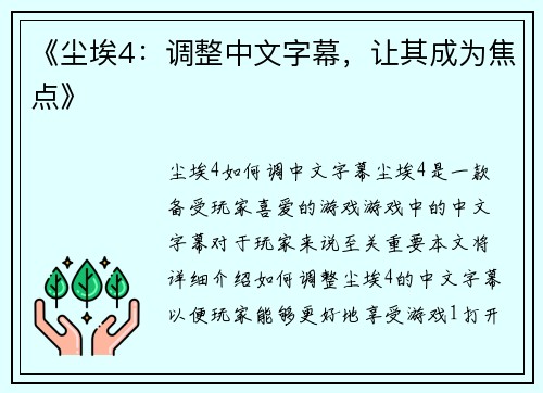 《尘埃4：调整中文字幕，让其成为焦点》