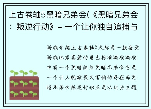 上古卷轴5黑暗兄弟会(《黑暗兄弟会：叛逆行动》- 一个让你独自追捕与躲避所有敌人的刺激动作游戏)